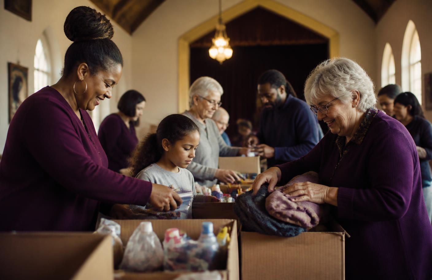 Volunteers of different ages sorting donated supplies at a community hall